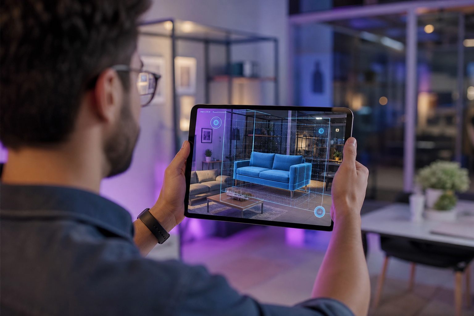 Augmented reality app developer previewing a 3D AR product experience on a tablet At OSDY LLC