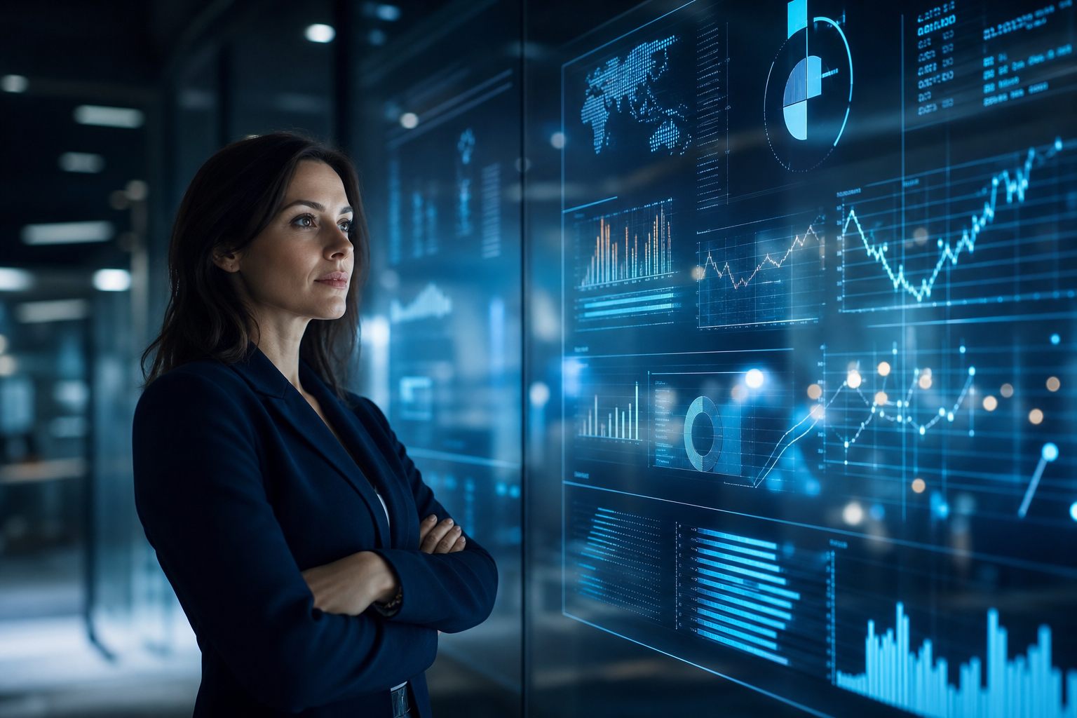 technology leader reviewing operational dashboards on a large data wall